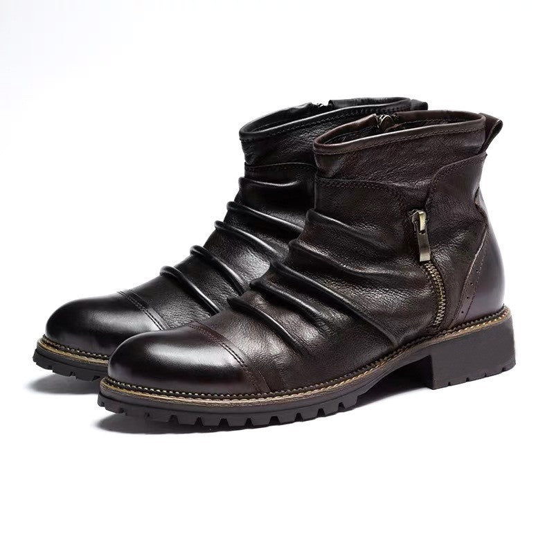 Retro Round Toe PU Leather Side Zipper Martin Chunky Heel Ankle Boots  Footwear 78.00 