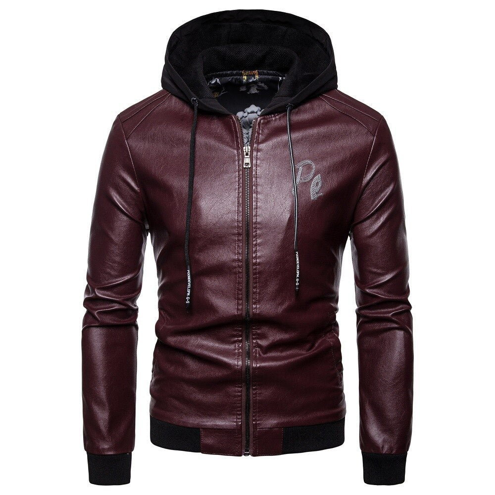 Men's British fashion hooded leather coat  Leather Jacket 70.96 Wine-Red-XXL