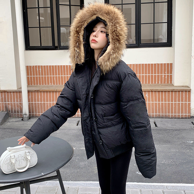 Milk Tea Color Big Fur Collar Short Down Jacket Women  Leather Jacket 94.75 Black-XL