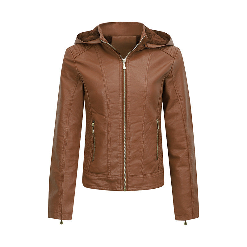 Women's Clothing Fleece-lined Thickened Leather Coat Hooded  Leather Jacket 76.49 Caramel-Color-XXL