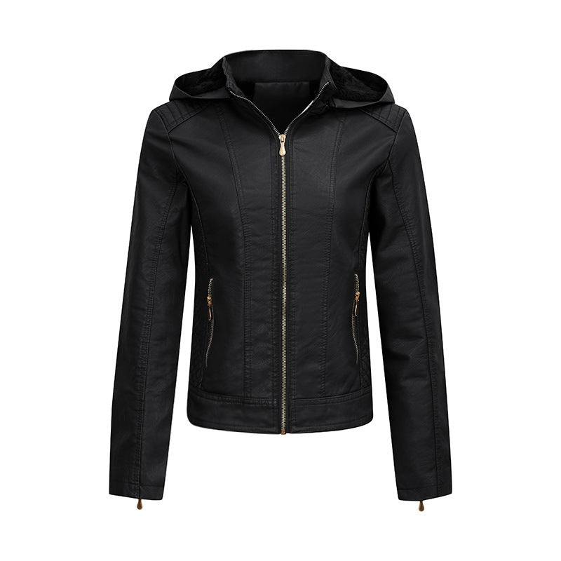 Women's Clothing Fleece-lined Thickened Leather Coat Hooded  Leather Jacket 76.49 Black-XXL