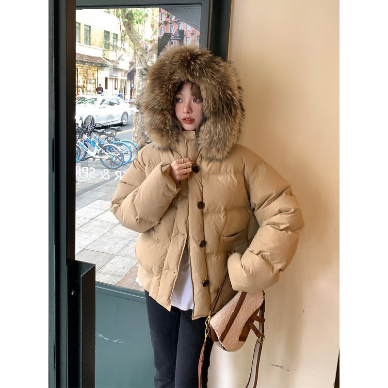 Milk Tea Color Big Fur Collar Short Down Jacket Women  Leather Jacket 94.75 Milk-Tea-Color-XL