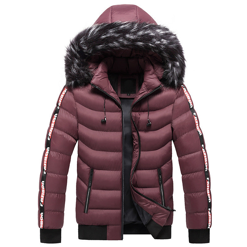 Men's fur collar padded striped coat  Leather Jacket 118.81 Red-XXL