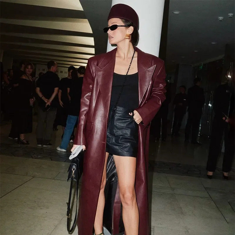 Elegant Retro Wine Red Jacket Trench Coat Women  Leather Jacket 107.93 