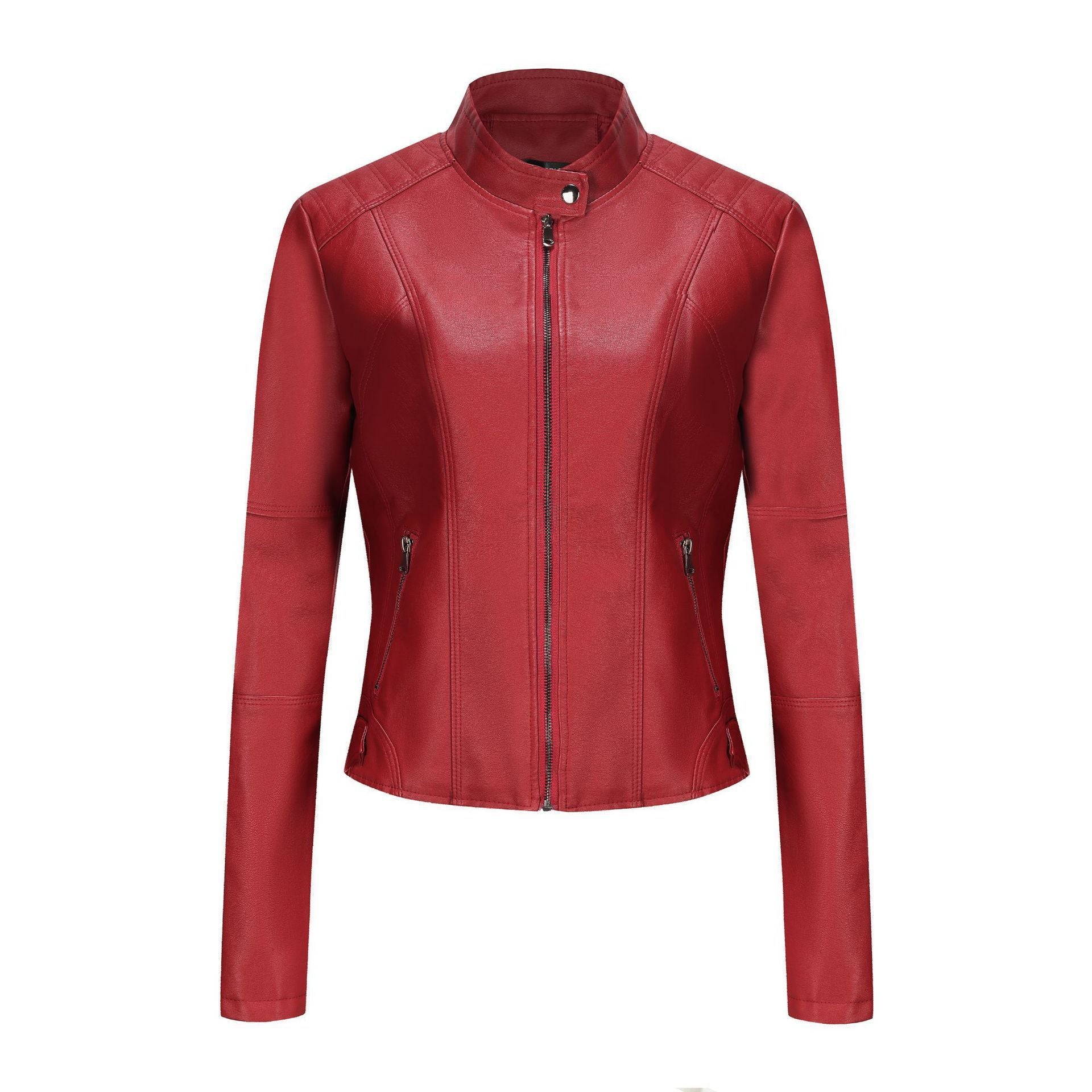 Women's Short Slim-fit Leather Coat  Leather Jacket 68.83 Red-XXXXL