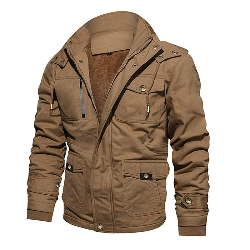Men's Cotton Coat Jacket Hooded Multi-pocket Vintage Fleece-lined  Leather Jacket  
