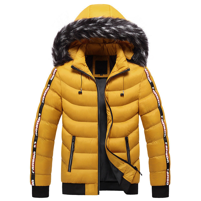 Men's fur collar padded striped coat  Leather Jacket 118.81 Yellow-XXL
