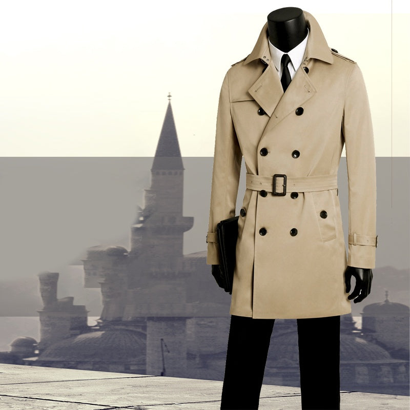Men's slim long trench coat  Leather Jacket 327.45 Khaki-XXL