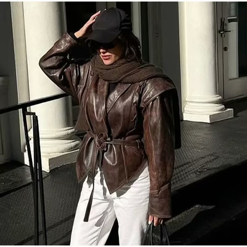 All-match Retro Green Collar Single-breasted With Belt Leather Coat Women  Leather Jacket 116.26 