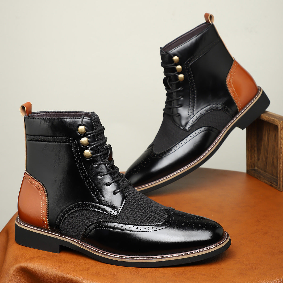 New British Men's High Top Color Blocked Leather Shoes  Footwear  