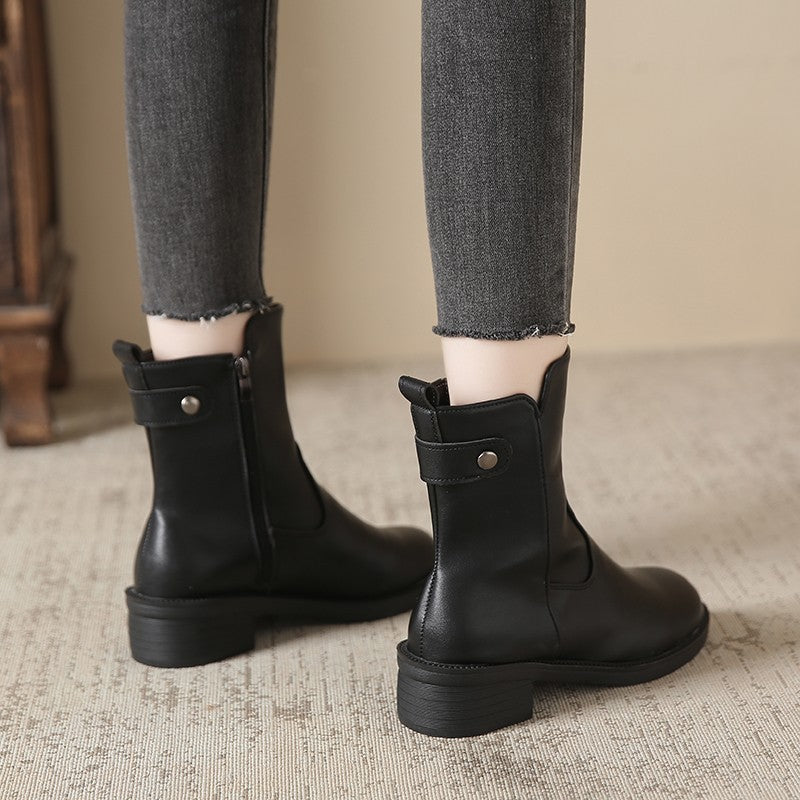Women's Low Heel Round Toe Boots Side Zip Short Boots