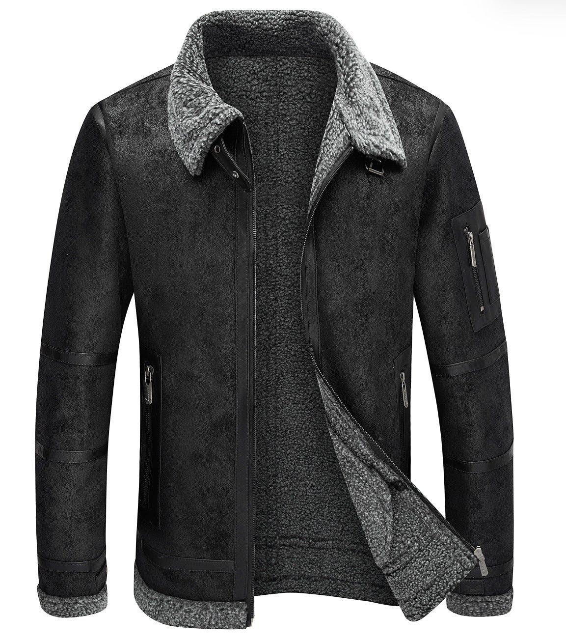 Men's Autumn And Winter Fleece-lined Thickened Fur Jacket  Leather Jacket 102.52 Black-XXL