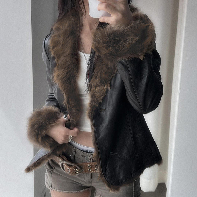 American Street Loose Fur Collar Leather Coat  Leather Jacket 61.65 