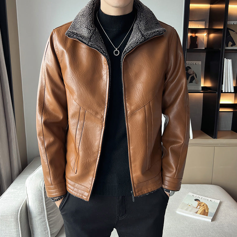 Hong Kong Style Velvet Padded Plus Size Men's Leather Jackets  Leather Jacket 85.16 Brown-XXXXL