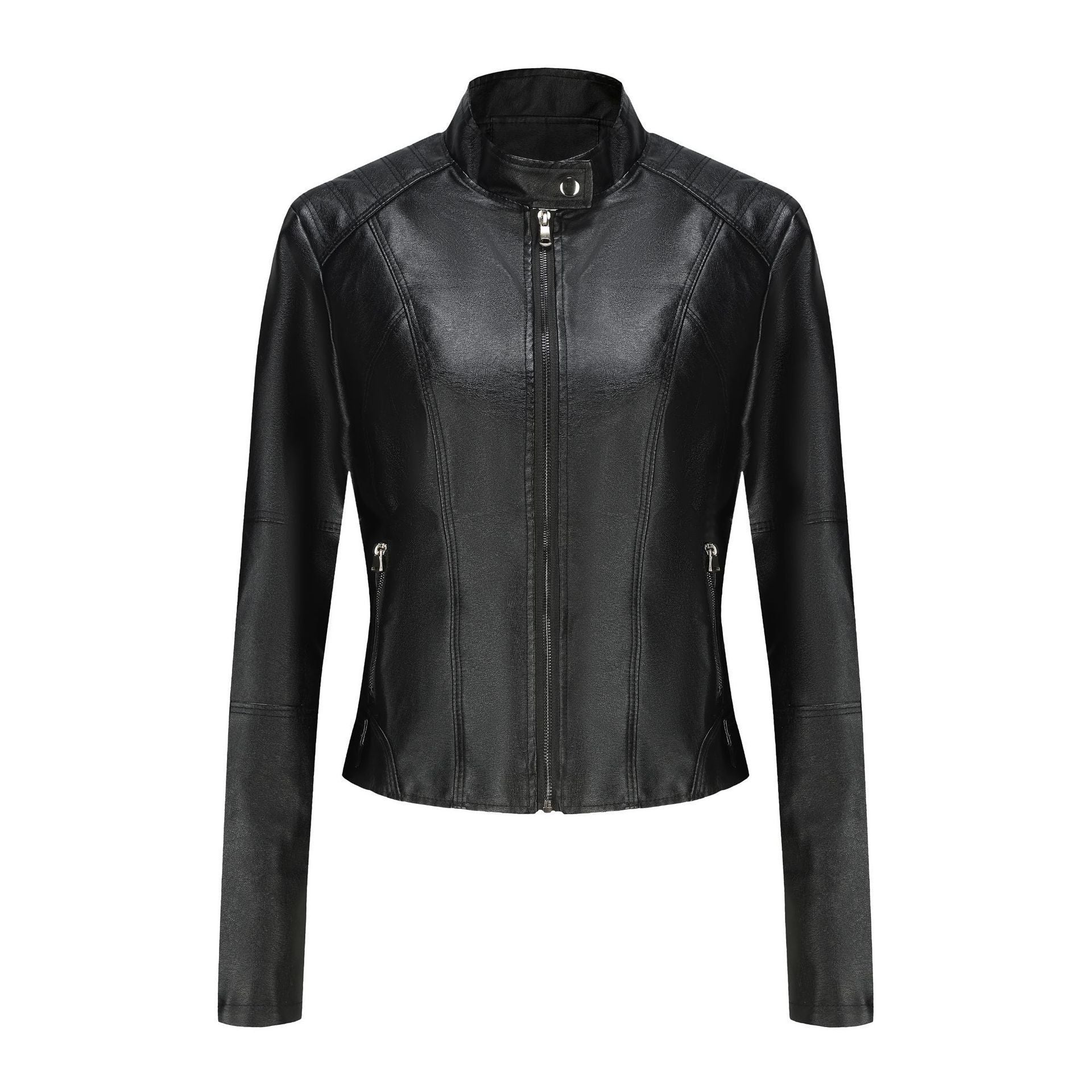 Women's Short Slim-fit Leather Coat  Leather Jacket 68.83 Black-XXXXL