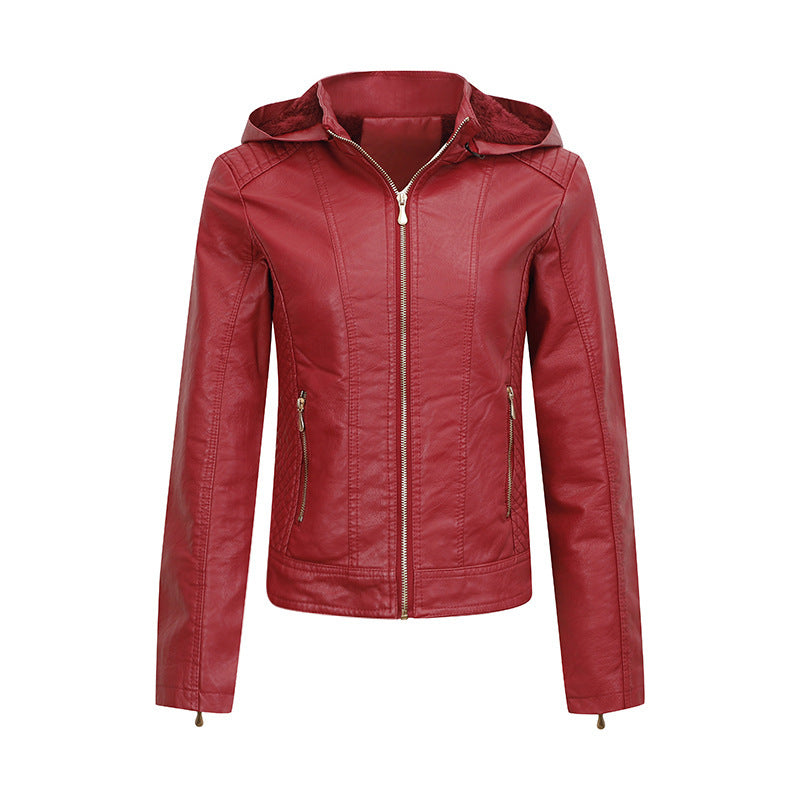 Women's Clothing Fleece-lined Thickened Leather Coat Hooded  Leather Jacket 76.49 Wine-Red-XXL