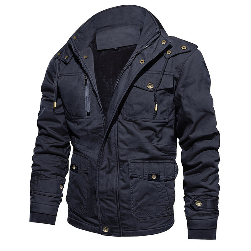 Men's Cotton Coat Jacket Hooded Multi-pocket Vintage Fleece-lined  Leather Jacket  