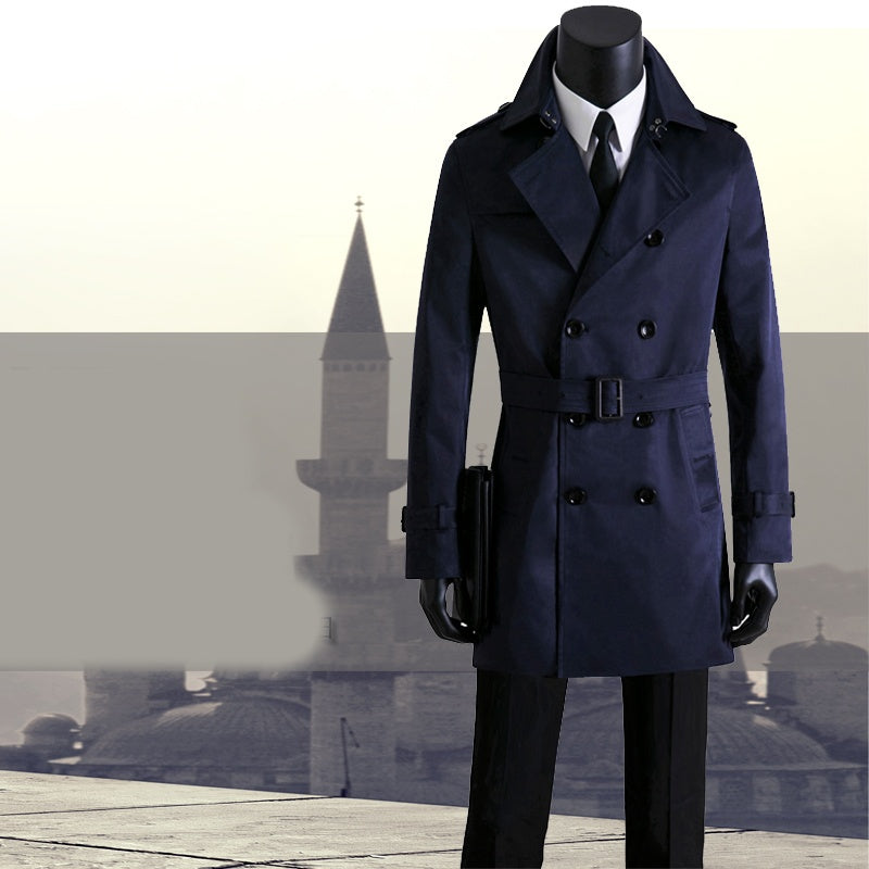 Men's slim long trench coat  Leather Jacket 330.69 Navy-Blue-XXL