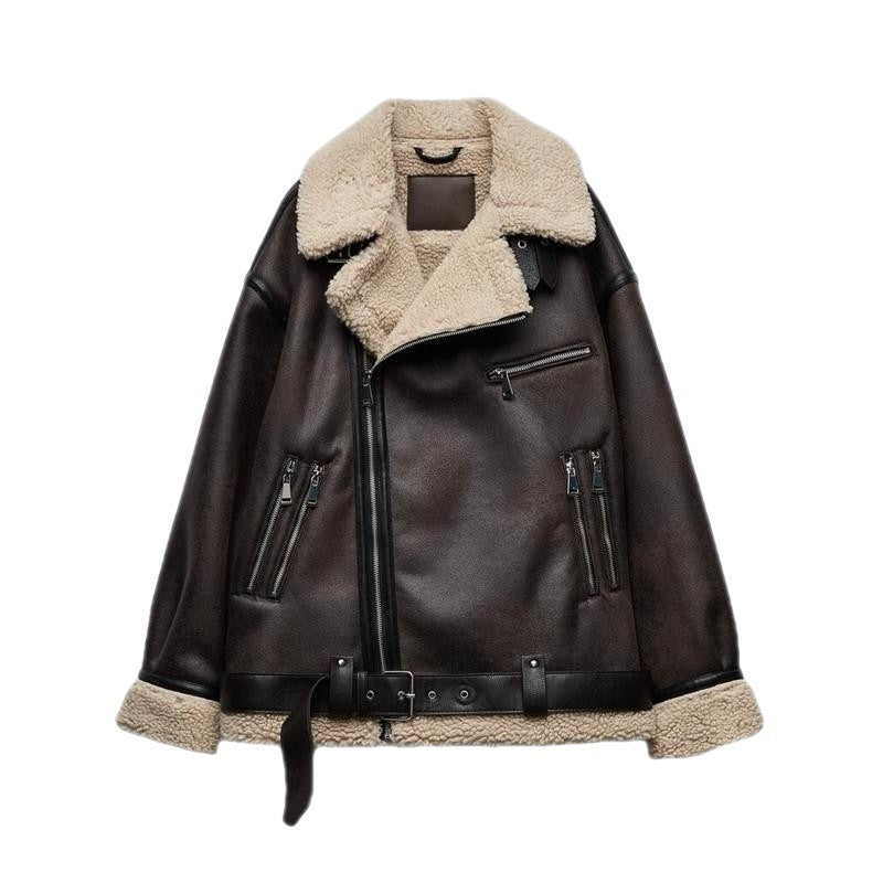 Women's Suede Fur Integrated Motorcycle Jacket  Leather Jacket 140.06 