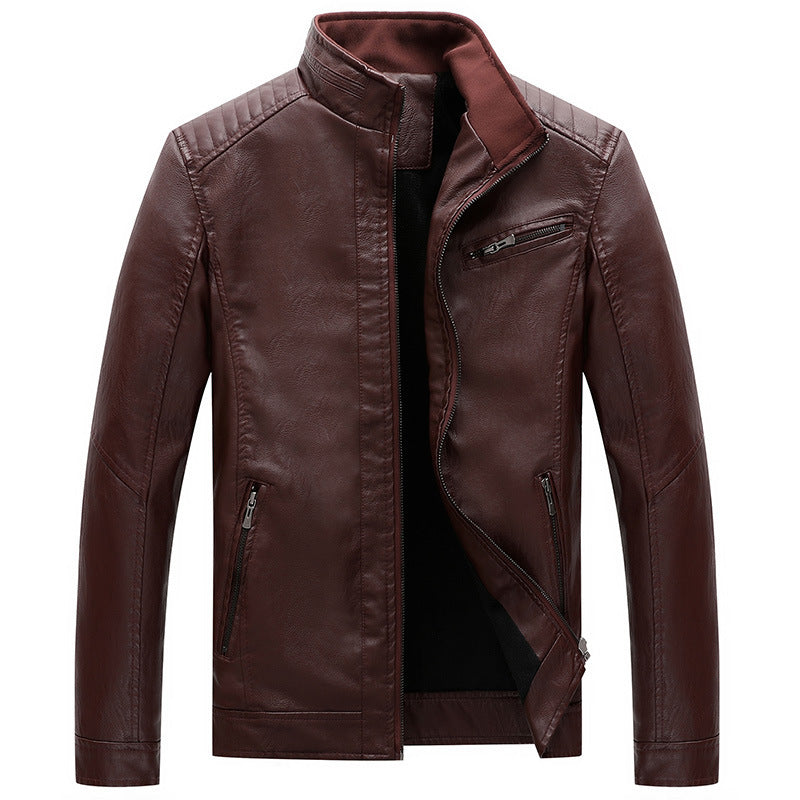 New Men's Leather Jackets Plus Velvet Solid Color  Leather Jacket 82.22 Wine-Red-XL
