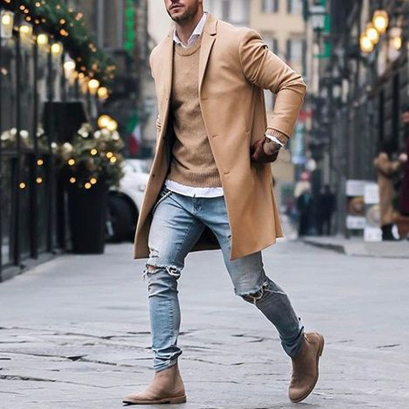 Fashion Winter Men's Trench Long Jackets Coats Overcoat Classic Jackets Solid Slim Fit Outwear Hombre Men Clothes Khaki Black  Leather Jacket 64.49 