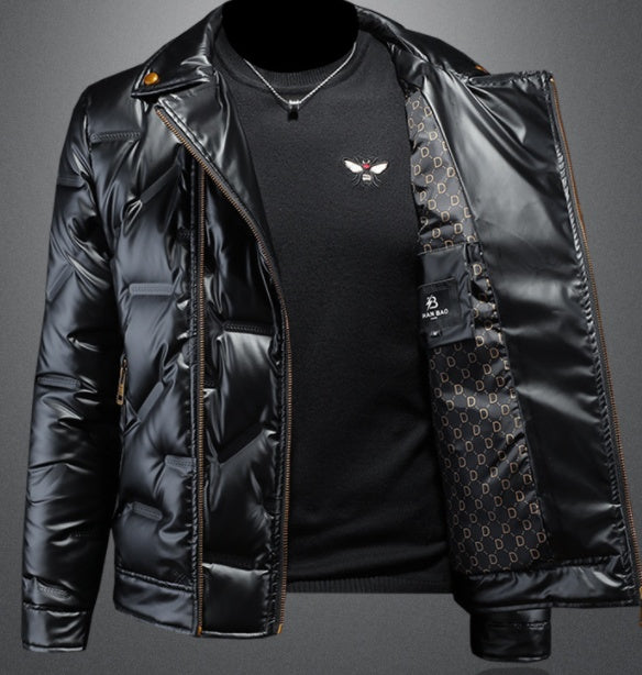 White Duck Down Shiny Suit Collar Men's Down Jacket  Leather Jacket 286.08 