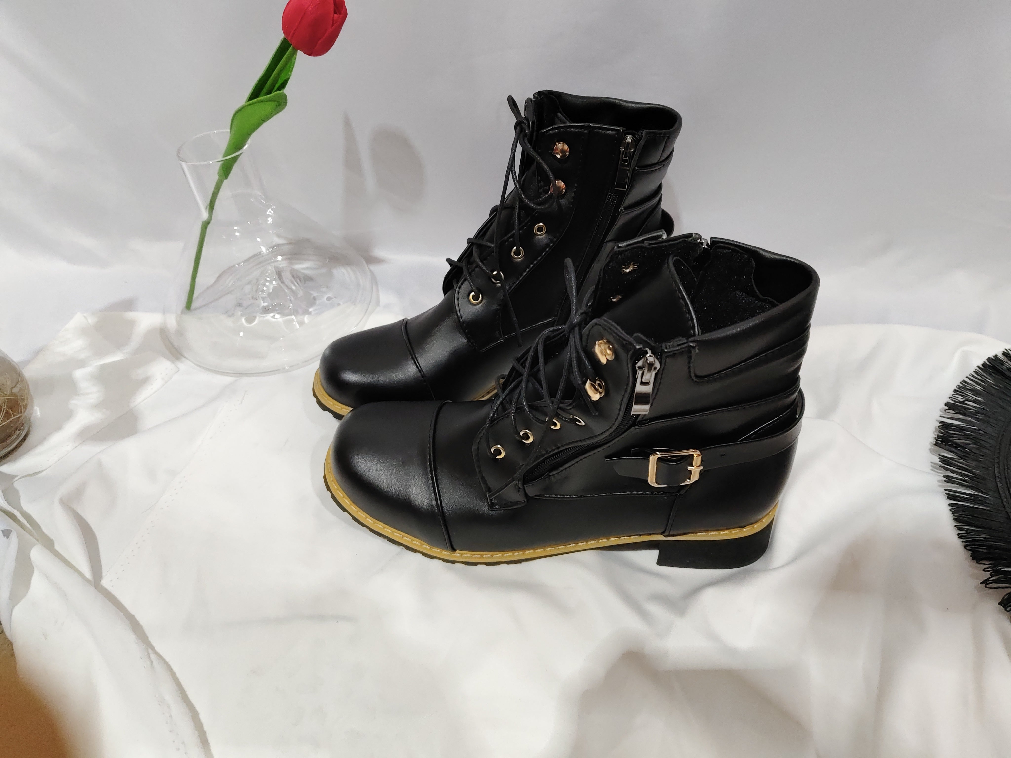 Front Lace-up Martin Boots Plus Size Flat Angle Low Cut Side Zipper