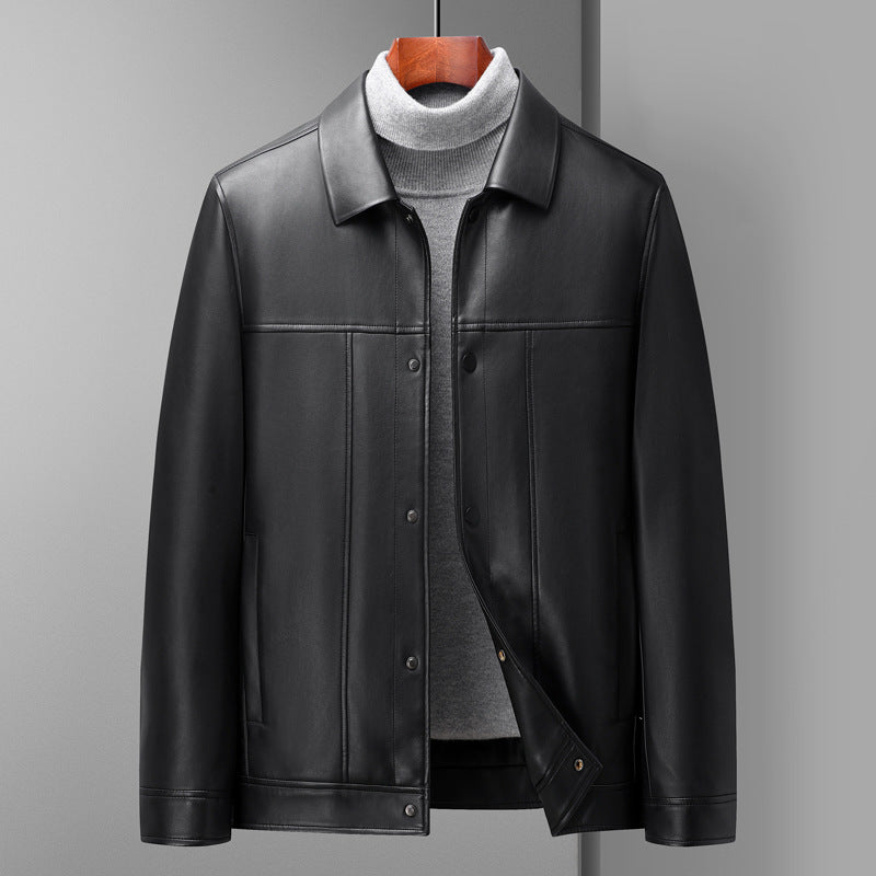 Fashion Polo Collar Thin Multi-color Optional Single-breasted Middle-aged Haining Men's Leather Jackets  Leather Jacket 216.01 Black-XXXXL-195