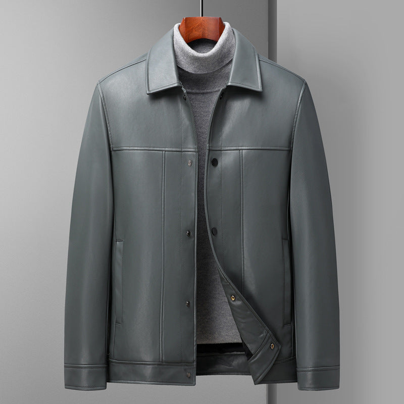 Fashion Polo Collar Thin Multi-color Optional Single-breasted Middle-aged Haining Men's Leather Jackets  Leather Jacket 216.01 Gray-XXXXL-195
