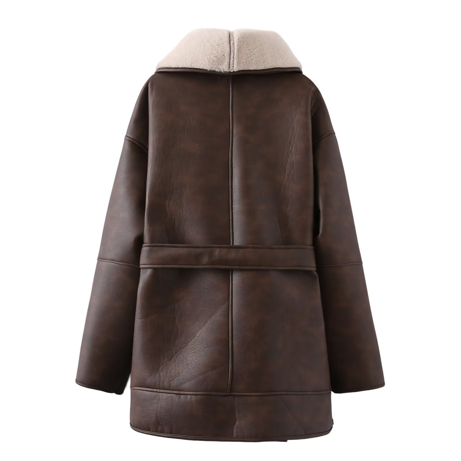 Fashion Cashmere Leather Fur Collar Composite Belt Coat  Leather Jacket 143.45 