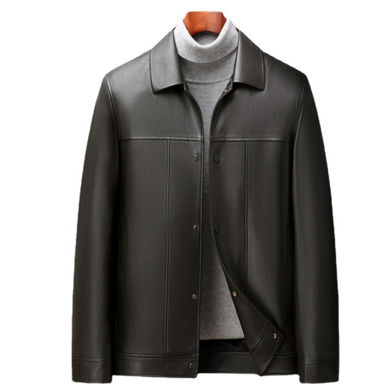 Fashion Polo Collar Thin Multi-color Optional Single-breasted Middle-aged Haining Men's Leather Jackets  Leather Jacket 215.12 