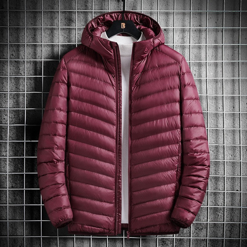 Men's Hooded Cotton Jacket Short Lightweight Cotton Coat  Leather Jacket 81.52 Wine-Red-XL