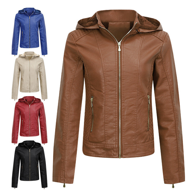 Women's Clothing Fleece-lined Thickened Leather Coat Hooded  Leather Jacket 76.06 