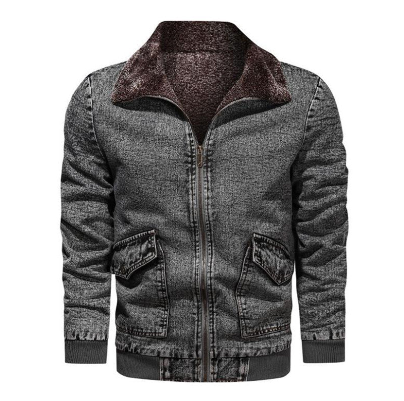 Winter Plus Velvet Thick Loose Lapel Plus Size Denim Jacket Men's Jacket  Leather Jacket 101.88 Grey-XL
