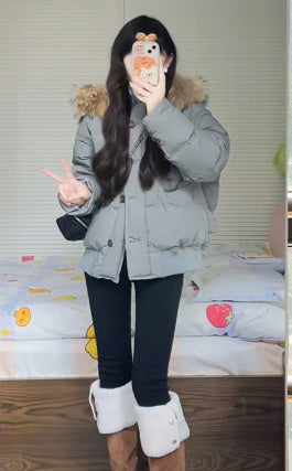Milk Tea Color Big Fur Collar Short Down Jacket Women  Leather Jacket 95.08 Gray-Green-XL