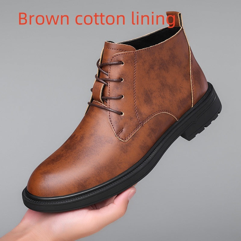 Retro Lace Up Denim Trendy Mid-length Warm Non-slip Men's Martin Boots  Footwear 52.55 Brown-Cotton-Lining-48