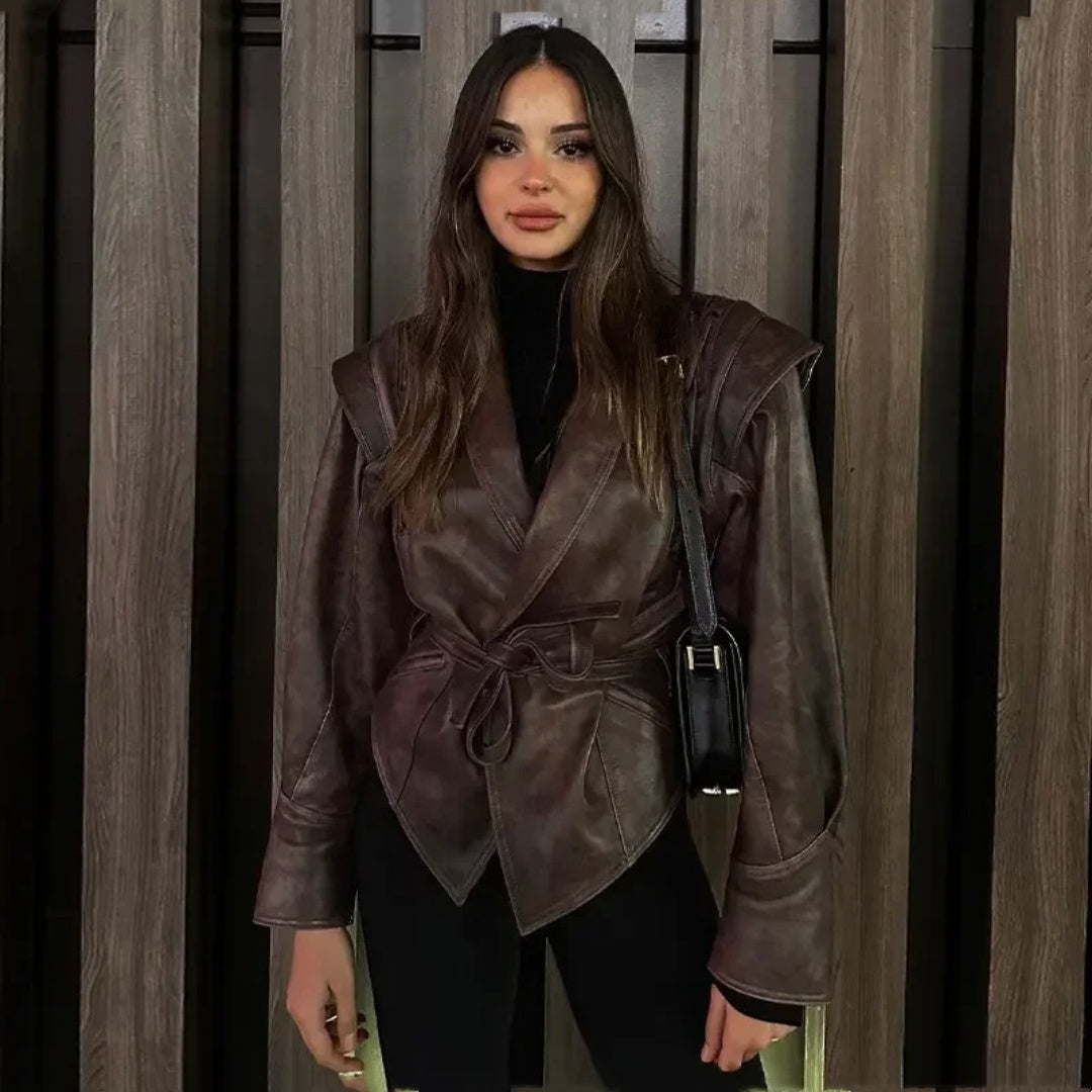 All-match Retro Green Collar Single-breasted With Belt Leather Coat Women  Leather Jacket 116.26 
