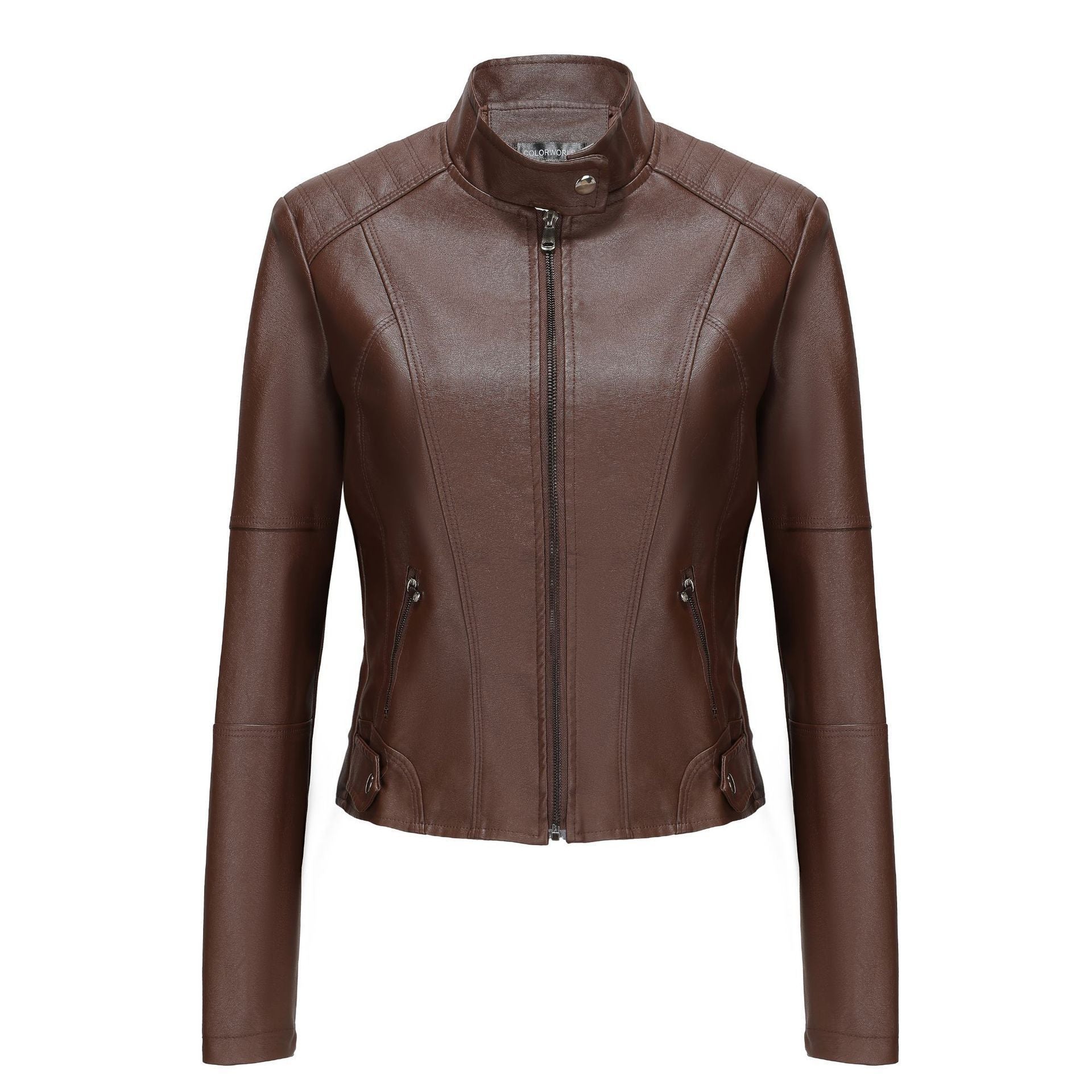 Women's Short Slim-fit Leather Coat  Leather Jacket 68.83 Brown-XXXXL