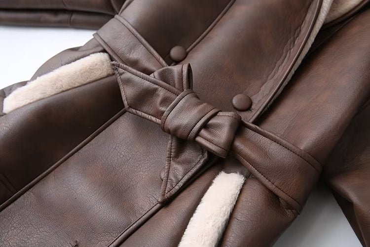Fashion Cashmere Leather Fur Collar Composite Belt Coat  Leather Jacket 143.45 