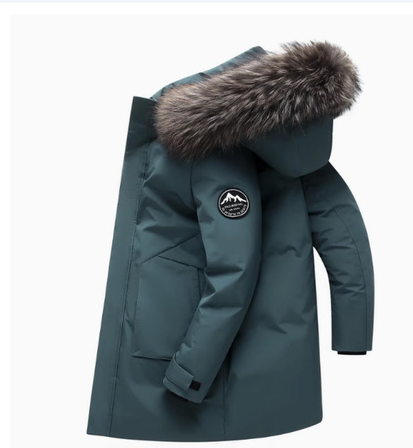 Fox Fur Collar Men's Coat Hooded Men's Clothing Mid-length Down Jacket Warm Cold-resistant Coat  Leather Jacket 267.49 Green-XXXXL