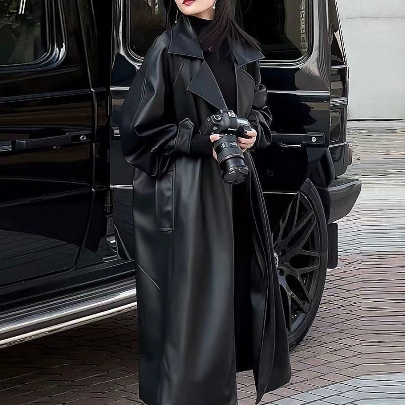 Women's Fashionable Temperament Long Knee Length PU Leather Coat  Leather Jacket 145.59 