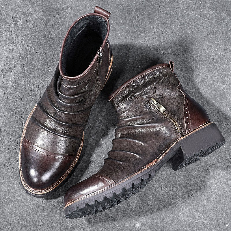 Retro Round Toe PU Leather Side Zipper Martin Chunky Heel Ankle Boots  Footwear 78.00 