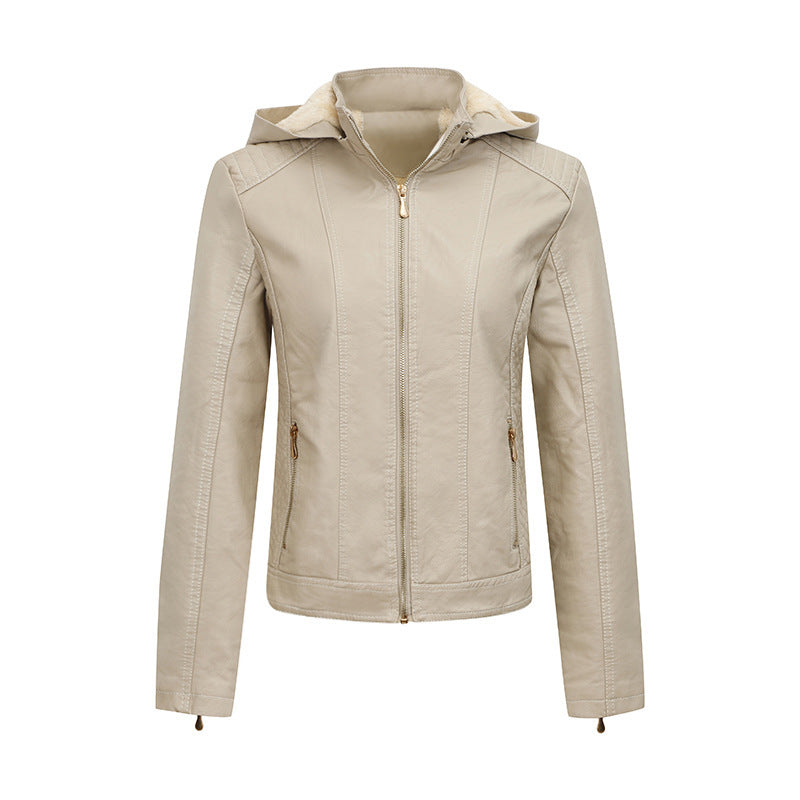 Women's Clothing Fleece-lined Thickened Leather Coat Hooded  Leather Jacket 76.49 Beige-XXL
