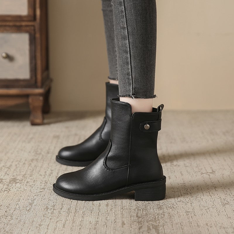 Women's Low Heel Round Toe Boots Side Zip Short Boots