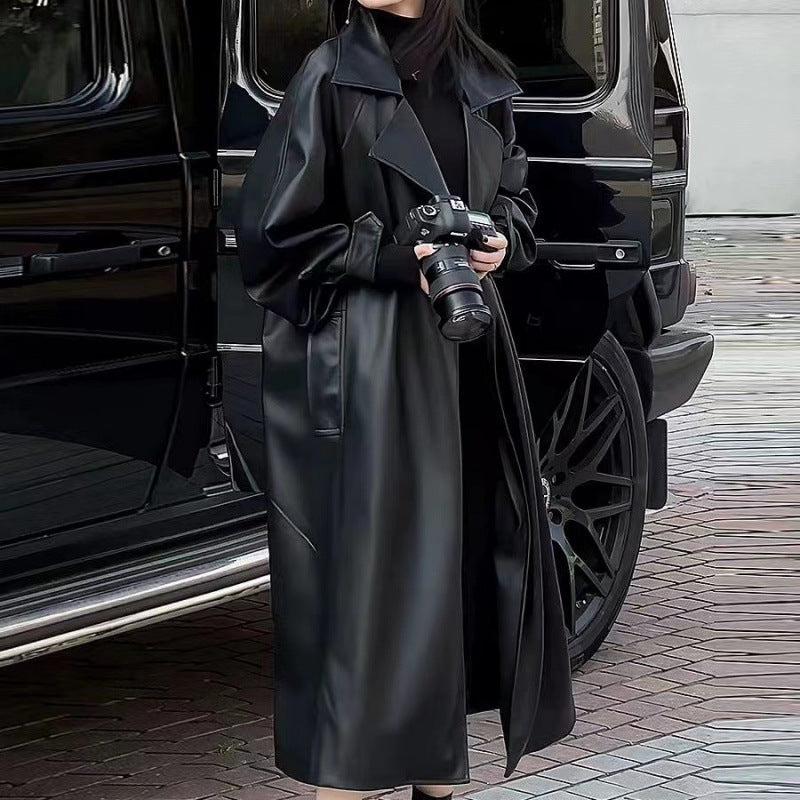 Women's Fashionable Temperament Long Knee Length PU Leather Coat  Leather Jacket 145.81 Black-Without-Velvet-XL