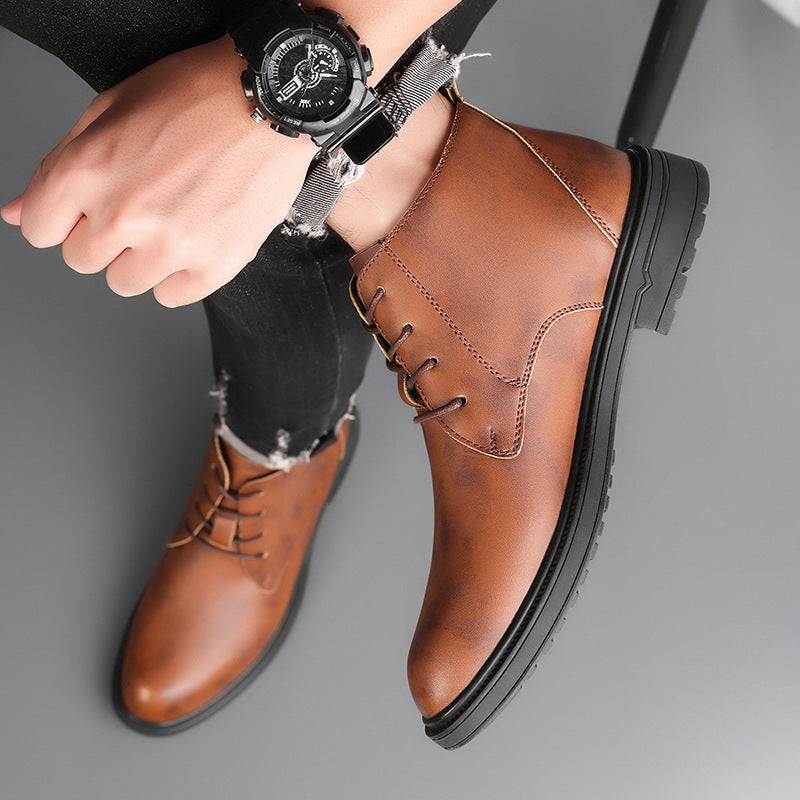 Retro Lace Up Denim Trendy Mid-length Warm Non-slip Men's Martin Boots  Footwear 50.33 