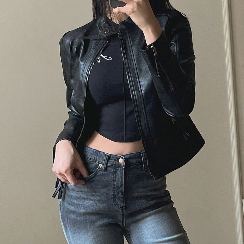 Women's American Motorcycle Black PU Leather Coat  Leather Jacket 92.64 