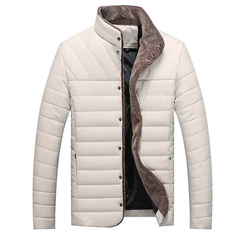 Mid-length Cotton-padded Coat Men's Korean-style Stand Collar Slim Fit Warm  Leather Jacket 85.52 Khaki-XXXXL