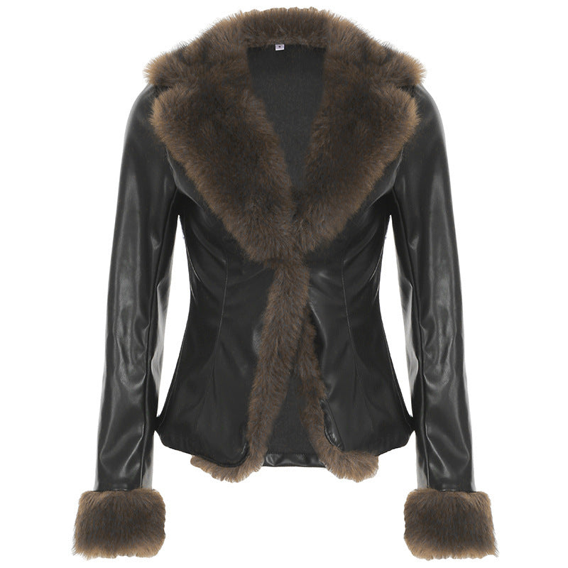American Street Loose Fur Collar Leather Coat  Leather Jacket 61.65 