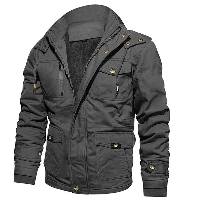 Men's Cotton Coat Jacket Hooded Multi-pocket Vintage Fleece-lined  Leather Jacket  
